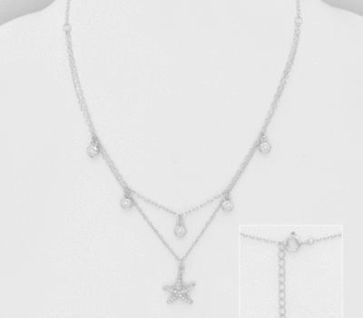 925 Sterling Silver Layered Starfish Necklace, Decorated with CZ Simulated Diamonds