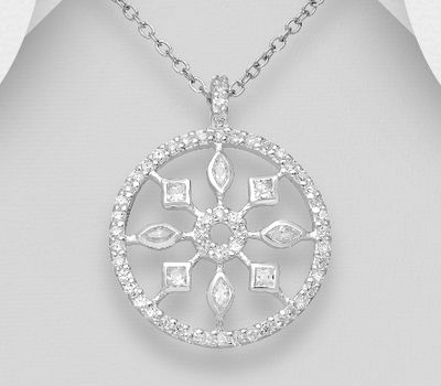 925 Sterling Silver Circle Pendant, Decorated with CZ Simulated Diamonds