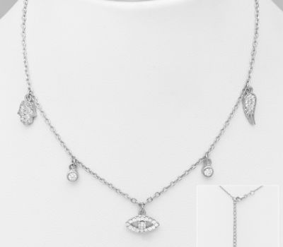 Şəkli böyütmək üçün tiklayın 925 Sterling Silver Dangle Necklace Featuring Evil Eye, Hamsa, Wing, Decorated with CZ Simulated Diamonds