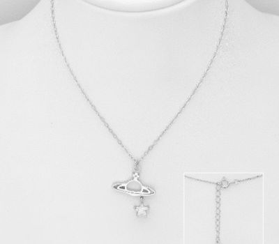 925 Sterling Silver Saturn and Star Necklace, Decorated with CZ Simulated Diamond