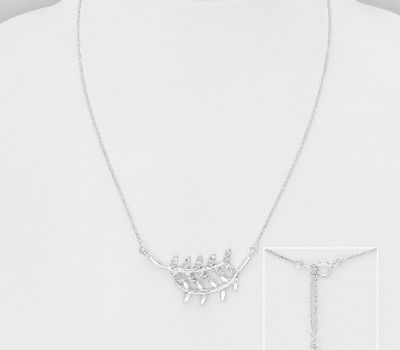 Şəkli böyütmək üçün tiklayın 925 Sterling Silver Leaf Necklace, Decorated with CZ Simulated Diamonds