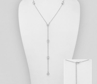 925 Sterling Silver Dangle Necklace Decorated with CZ Simulated Diamonds, Plated with Rhodium