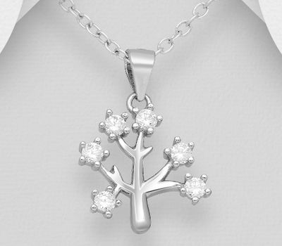 Şəkli böyütmək üçün tiklayın 925 Sterling Silver Tree of Life Pendant, Decorated with CZ Simulated Diamonds