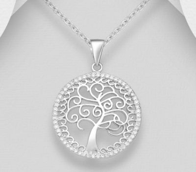 925 Sterling Silver Circle Tree of Life Pendant, Decorated with CZ Simulated Diamonds