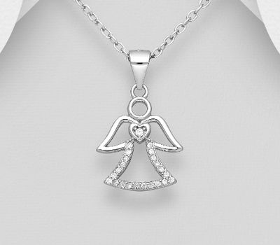 925 Sterling Silver Angel Pendant, Featuring Heart Design, Decorated with CZ Simulated Diamonds