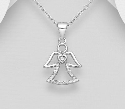 Şəkli böyütmək üçün tiklayın 925 Sterling Silver Angel Pendant, Featuring Heart Design, Decorated with CZ Simulated Diamonds