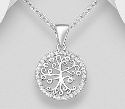 925 Sterling Silver Circle Tree of Life Pendant, Decorated with CZ simulated Diamonds