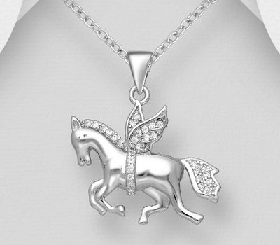 925 Sterling Silver Pegasus Pendant, Decorated with CZ Simulated Diamonds