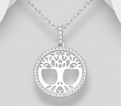 925 Sterling Silver Circle Tree of Life Pendant,, Decorated with CZ Simulated Diamonds
