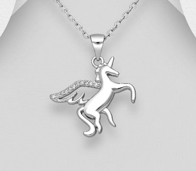 Şəkli böyütmək üçün tiklayın 925 Sterling Silver Pegasus Pendant, Decorated with CZ Simulated Diamonds