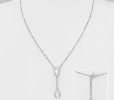 925 Sterling Silver Rectangle and Droplet Necklace, Decorated with CZ Simulated Diamonds