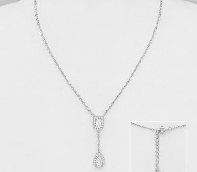 Şəkli böyütmək üçün tiklayın 925 Sterling Silver Rectangle and Droplet Necklace, Decorated with CZ Simulated Diamonds