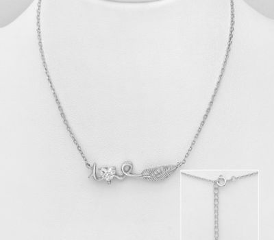925 Sterling Silver Feather, Heart and Message Necklace, Decorated with CZ Simulated Diamonds