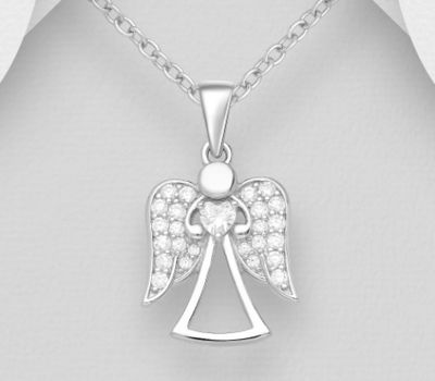 925 Sterling Silver Angel And Heart Pendant Decorated with CZ Simulated Diamonds