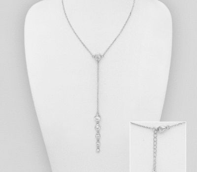 Şəkli böyütmək üçün tiklayın 925 Sterling Silver Y-Drop Necklace, Decorated with CZ Simulated Diamonds