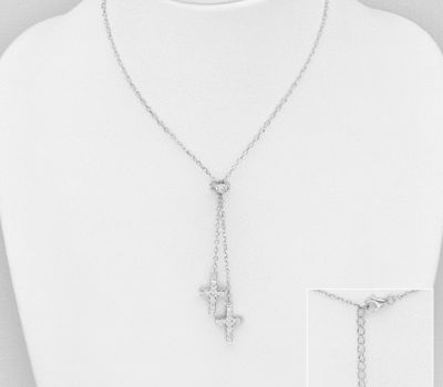 Şəkli böyütmək üçün tiklayın 925 Sterling Silver Dangling Cross Necklace Decorated with CZ Simulated Diamonds