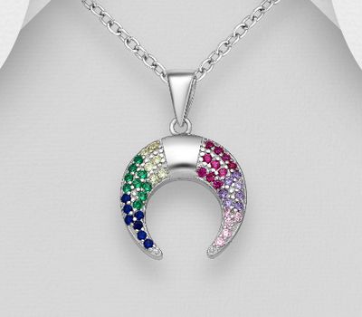 925 Sterling Silver Horn Pendant, Decorated with Colorful CZ Simulated Diamonds, CZ Simulated Diamond Colors may Vary.