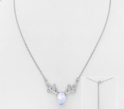 925 Sterling Silver Deer Antler Necklace, Decorated with CZ Simulated Diamonds and Glass
