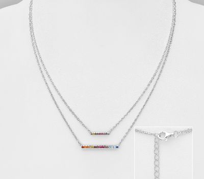 925 Sterling Silver Bar Layered Necklace, Decorated with Colorful CZ Simulated Diamonds