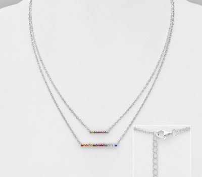 Şəkli böyütmək üçün tiklayın 925 Sterling Silver Bar Layered Necklace, Decorated with Colorful CZ Simulated Diamonds