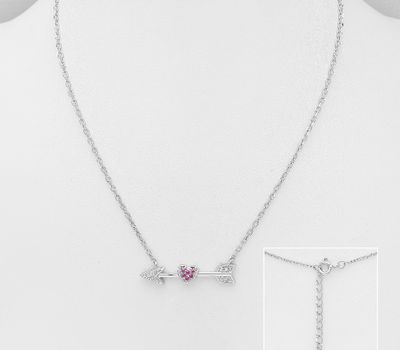 Şəkli böyütmək üçün tiklayın 925 Sterling Silver Arrow and Heart Necklace, Decorated with CZ Simulated Diamonds