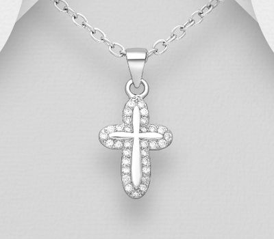 Şəkli böyütmək üçün tiklayın 925 Sterling Silver Cross Pendant, Decorated with CZ Simulated Diamonds