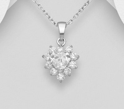925 Sterling Silver Heart Pendant, Decorated with Heart-Cut CZ Simulated Diamonds
