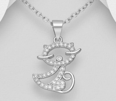 Şəkli böyütmək üçün tiklayın 925 Sterling Silver Cat Pendant, Decorated with CZ Simulated Diamonds