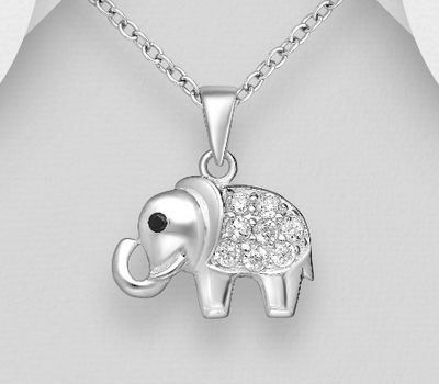 925 Sterling Silver Elephant Pendant, Decorated with CZ Simulated Diamonds