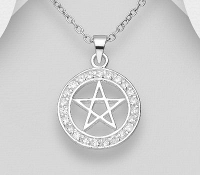 925 Sterling Silver Circle Star Pendant, Decorated with CZ Simulated Diamonds