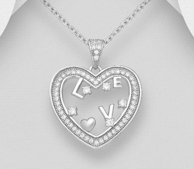 925 Sterling Silver Heart and “Love” Pendant, Decorated with CZ Simulated Diamonds