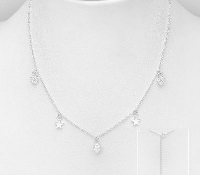 925 Sterling Silver Heart and Star Necklace, Decorated with CZ Simulated Diamonds