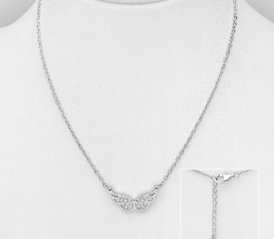 925 Sterling Silver Wings Necklace, Decorated with CZ Simulated Diamonds