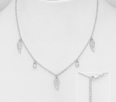 Şəkli böyütmək üçün tiklayın 925 Sterling Silver Wings Necklace, Decorated with CZ Simulated Diamonds