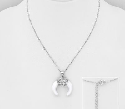 925 Sterling Silver Horn Necklace, Decorated with CZ Simulated Diamonds and Ceramic