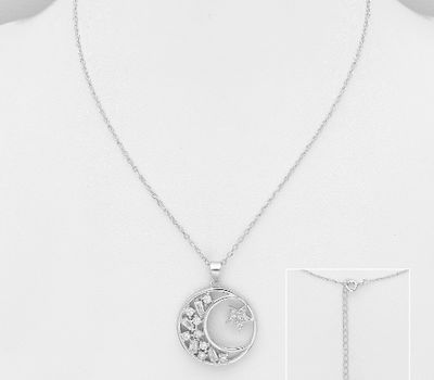 925 Sterling Silver Crescent Moon with Star Necklace, Decorated with CZ Simulated Diamonds