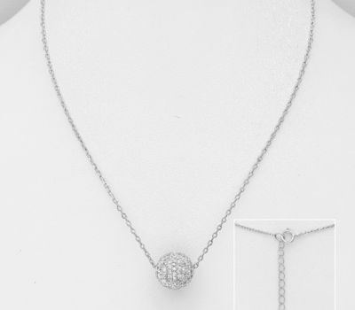 925 Sterling Silver Ball Necklace, Decorated with CZ Simulated Diamonds