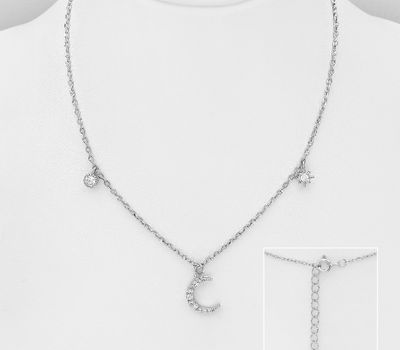 925 Sterling Silver Moon Necklace, Decorated with CZ Simulated Diamonds