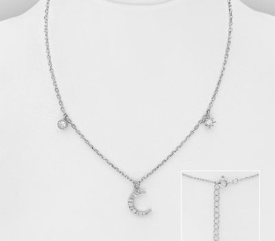 Şəkli böyütmək üçün tiklayın 925 Sterling Silver Moon Necklace, Decorated with CZ Simulated Diamonds