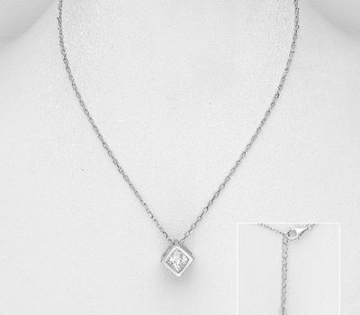 925 Sterling Silver Solitaire Rhombus Necklace, Decorated with CZ Simulated Diamonds