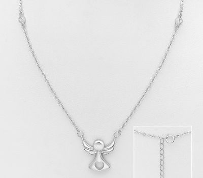 925 Sterling Silver Necklace Featuring Angel and Heart, Decorated with CZ Simulated Diamonds