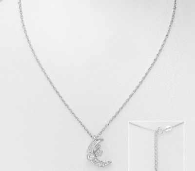 925 Sterling Silver Moon and Star Necklace, Decorated with CZ Simulated Diamonds
