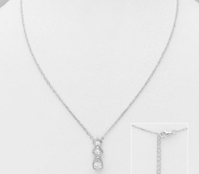925 Sterling Silver Droplet Necklace, Featuring Rhombus Design, Decorated with CZ Simulated Diamonds