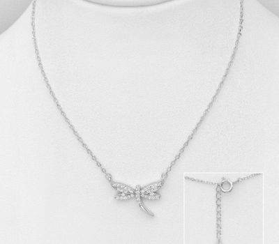 925 Sterling Silver Dragonfly Necklace Decorated with CZ Simulated Diamonds, Plated with Rhodium