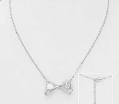 925 Sterling Silver Bow Necklace, Decorated with Colored Enamel, CZ Simulated Diamonds and Shell