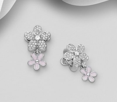 925 Sterling Silver Flower Bead, Decorated with CZ Simulated Diamond and Colored Enamel