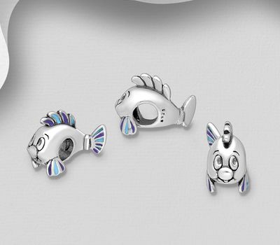 925 Sterling Silver Fish Bead, Decorated with Colored Enamel