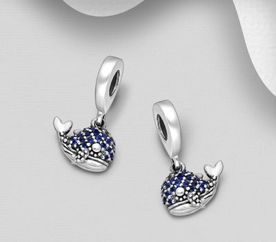 Şəkli böyütmək üçün tiklayın 925 Sterling Silver Oxidized Whale Bead-Charm, Decorated with CZ Simulated Diamonds