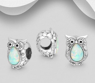 925 Sterling Silver Owl Bead, Decorated with Lab-Created Opal