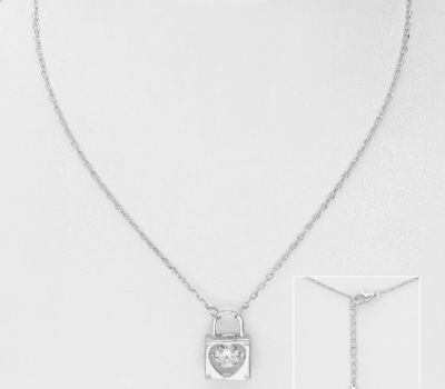 925 Sterling Silver Heart Padlock Necklace, Decorated with CZ Simulated Diamonds